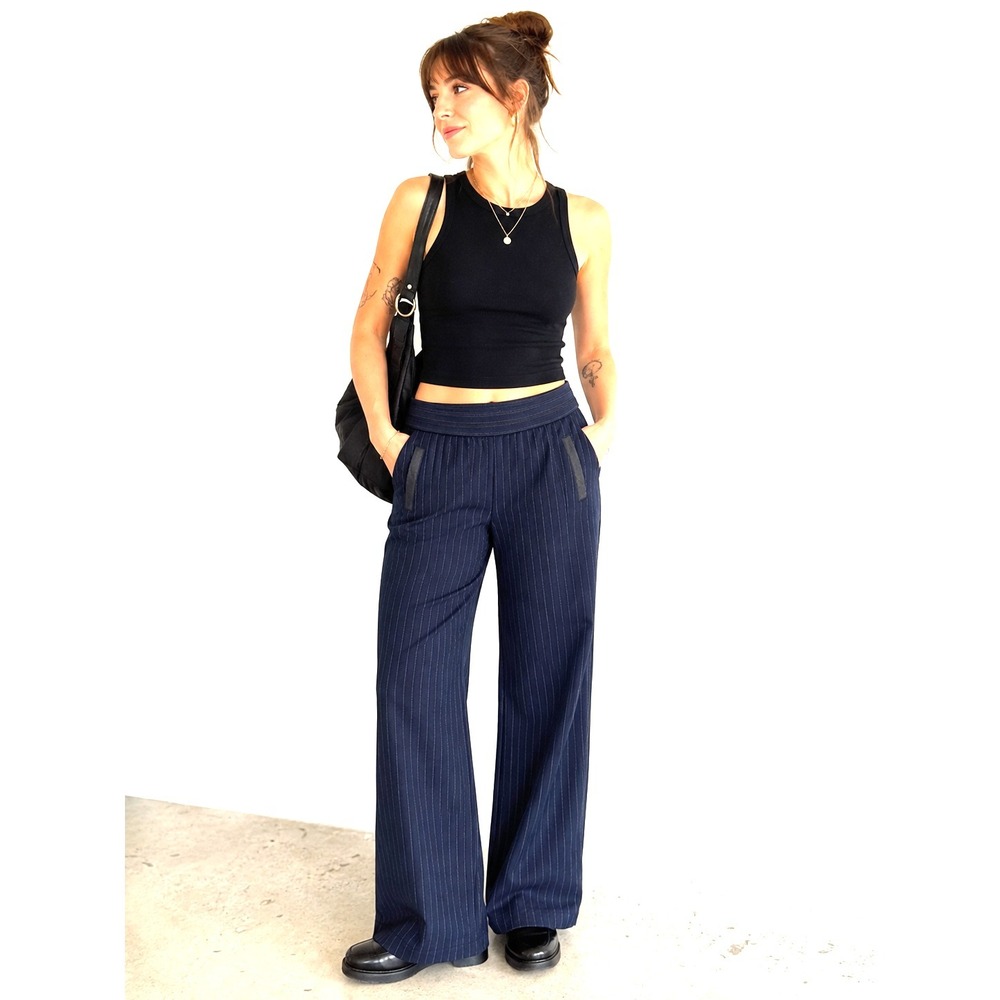 NWT BEATE HEYMANN STREET COUTURE Size 10 Pinstripe Linen Blend Pants Dark Blue